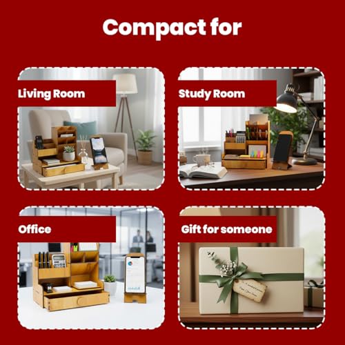Image of Wooden Desk Organiser Pen Stand for Study Table Brown