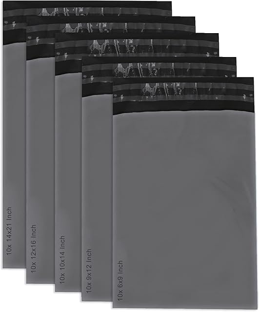 MERRIMEN Sealable Grey Mailing Bags Large - Pack of 50, 5 Mixed Sizes Postage Bags | Strong Poly Plastic Bags for Packaging, Parcel, and Postage Boxes | Waterproof Plastic Envelopes for Posting