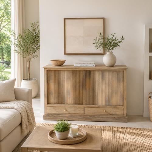 Image of The Attic Velora Cabinet, Solid Wood, Natural Finish, Kitchen and Living Room Storage