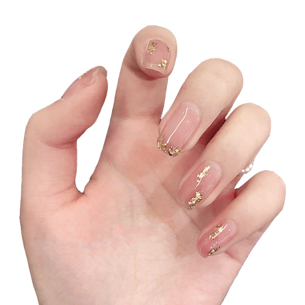 24pcs Short Naked Pink Color Press on Nails , Premium Luxury French Nails with Gold Foil Style, Glue on Nails Suitable for Banquet and Dating Design False Nails, Acrylic Nails，Fake Nails for Women and Girls