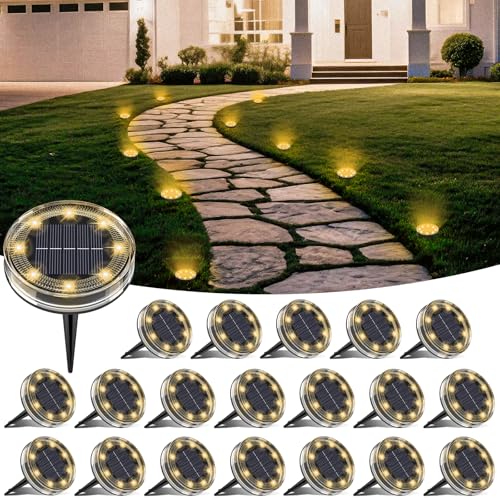 LOTMOS 20 Pack Solar Ground Lights Outdoor 8 LED Solar Flat Lights IP68 Waterproof Disc Light Landscape Lighting Solar Powered for Garden Yard Path Driveway Lawn Patio Walkway Warm White