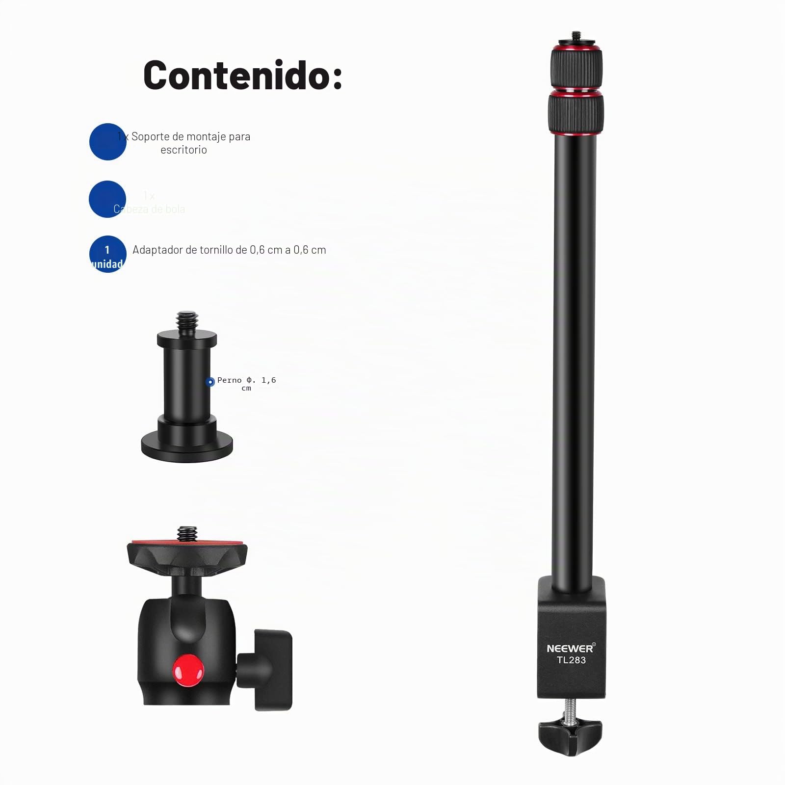 NEEWER Soporte Escritorio Extensible para Cámara con Cabezal Bola, 17"-40" Soporte Luz Mesa Ajustable con Tornillo 1/4" y C Clamp para Cámara DSLR, Aro Luz, Vlog, Carga Máxima: 6.6lb/3kg, TL283 ROJO