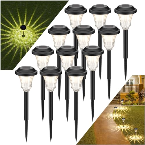GEEDIAR Solar Lights Outdoor Garden, 12 Pack Upgraded Garden Lights Solar Powered Waterproof, LED Solar Pathway Lights for Landscape, Patio, Yard, Dusk to Dawn Auto On/Off (Warm White)