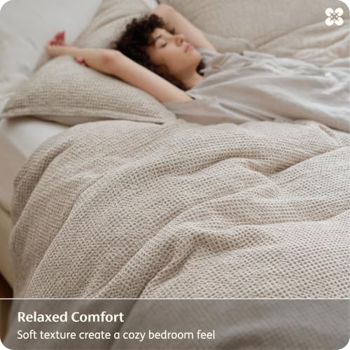 Image of Bedsure PureWoven 100% Cotton Waffle Duvet Cover Set, King, Linen Color