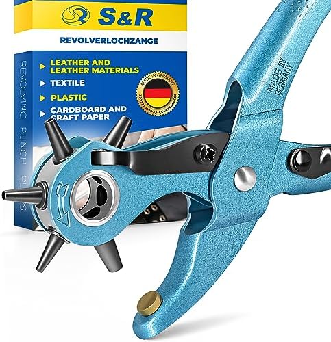 S&R Precyzyjne szczypce do otworów, Made in Germany, do pasków, pasków do zegarków, pasków, kartonu, butów, materiału, 6 wymiennych otworów 2-2,5-3 - 3,5-4 - 4,5 mm, szczypce do paska