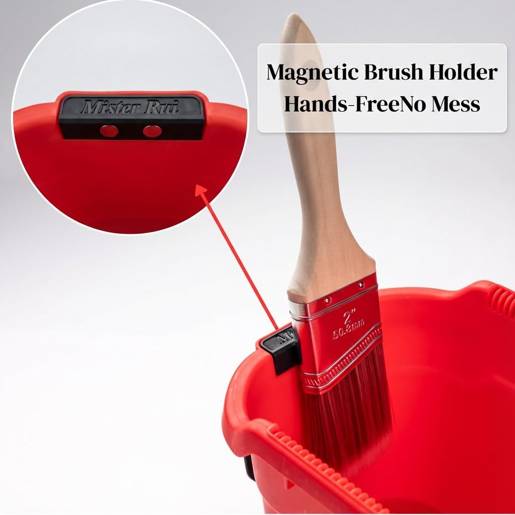 Mister Rui Hand Held Paint Bucket Kit 12 Pcs with Magnetic Holder, No-Drip Edge & Quick Liners, Paint Cup Includes 4" Foam Rollers, 2" Brush, Adjustable Handle for Trim & Detail Work