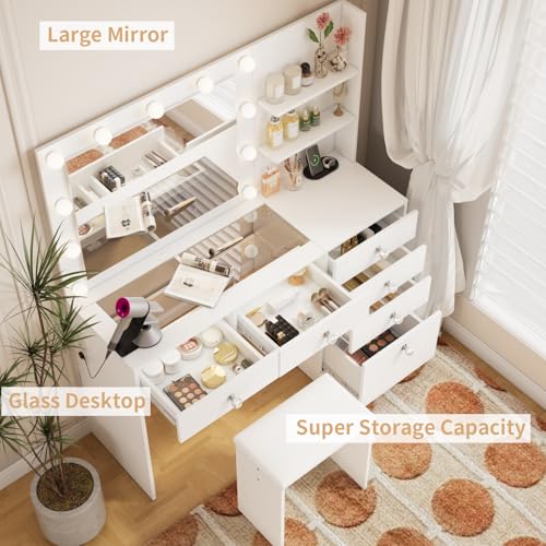 VOWNER 47\" Vanity with Glass Top - Makeup Vanity Desk with Outlet, 6 Drawers, 3 Storage Shelves and Mirror, 3 Color Lighting with Dimming Brightness, Makeup Desk with Stool for Bedroom, White