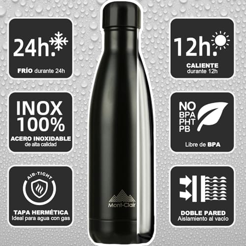 Mont-Clair l'O Botella Agua Acero Inoxidable - Botella Isotermica Termica sin BPA, 12h de Bebida Caliente y 24h de Bebida Fría, Termo agua con pared Doble Aislamiento, 500ML - Nera - imagen 2