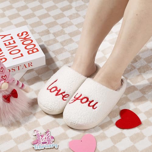 Image of Women's Men's Cute Fuzzy Heart Slippers Memory Foam Fluffy Couple Slippers Cozy House Indoor Outdoor Shoes