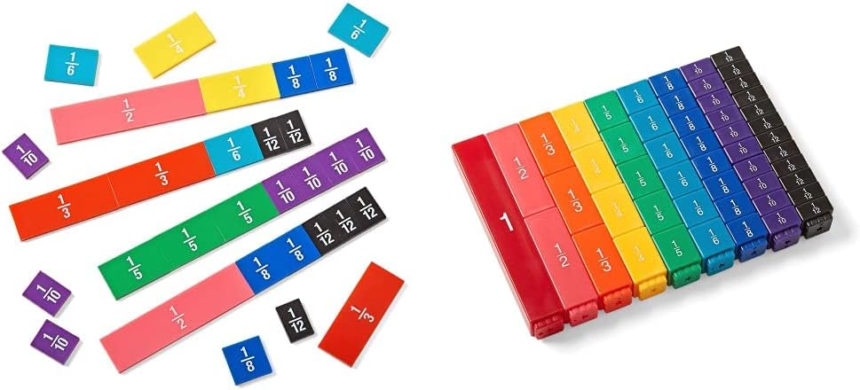 Hand2Mind Plastic Double-Sided Decimal Tiles & Rainbow Fraction Tower Cubes, Montessori Math Materials, Unit Fraction Cubes (Set of 51)