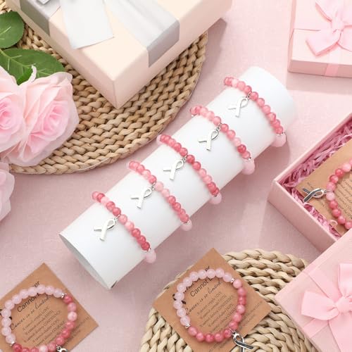 24 Pcs Breast Cancer Awareness Bracelets Team Gift Natural Stone Pink Beaded Bracelet with Inspirational Card for Ribbon Charm Bracelet for Women3