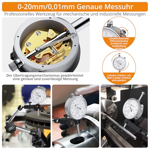 Neoteck Messuhr und Magnetstativ, Messtaster 0-20mm, Zentralklemmung Messuhrhalte 60 kg max. Zugkraft Basis Ständer für Messuhr