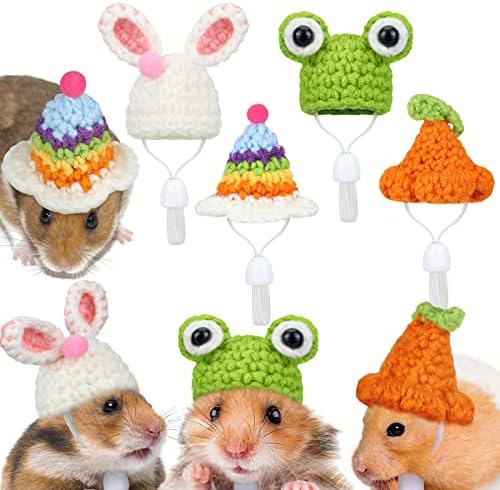 Xuniea 4 Pieces Hamster Hat Mini Small Animals with Adjustable Strap Lovely Hand Knitted Frog Rainbow Carrot Tiny Hats for Lizard Guinea Pig Reptile Christmas Party Clothes Costume Accessories