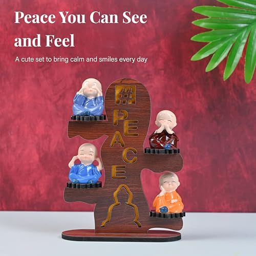 Image of ZAICUS Buddha Monk Showpiece for Home Office Decor Gift Item - 4 Baby Monk Figurines on Wooden Stand - Spiritual Statue for Decoration and Tabletop Display