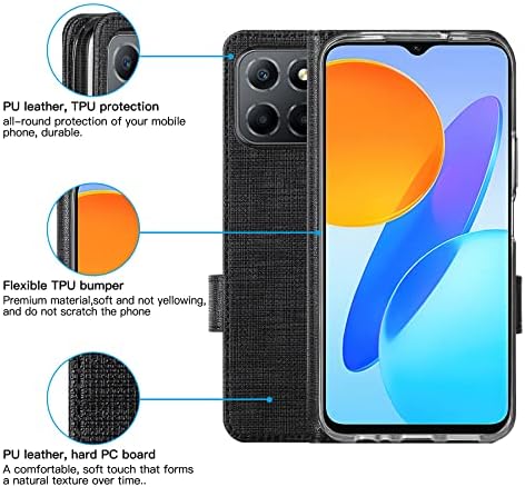 Foluu for Honor X6/Honor X8 5G Case [Not fit X8 4G], Wallet Case Card Holster Canvas Flip/Folio Soft TPU Bumper Kickstand Ultra Slim Strong Magnetic Closure for Honor X8 5G (6.5 Inch) 2022 (Black)