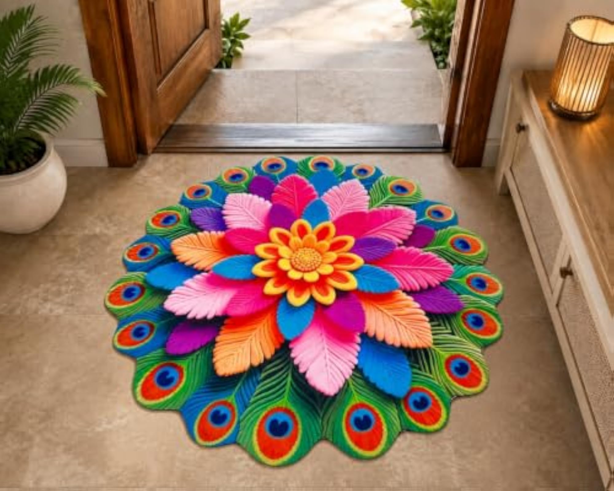 3D Rangoli Flower Floor Mat, Vibrant Home Decor