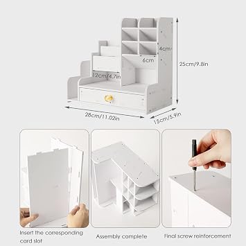 Desktop Stationery Organiser with Drawer, DIY White Pencil Holder Pen Organiser Desk Tidy Caddy Art Supply Organizer