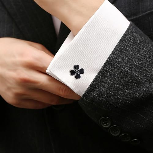 Mancuernillas con trébol esmaltado para hombre plateadas miniatura 1