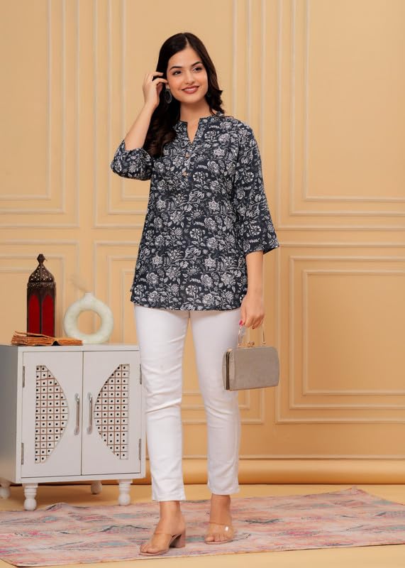 Image of Women's Cotton Printed Kurta Top | 3 /4 Sleeve Straight Kurti Casual Outings