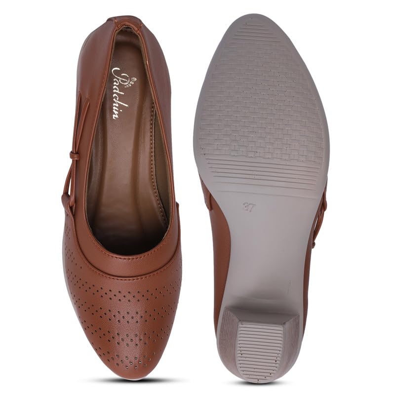 Padchin Women Round Toe Block Heel Tan Pumps | Formal and Casual Fashion sandal with Stiletto Heels | Comfortable Casual and Formal Shoes | Stylish and Fashionable Ladies Pump Shoe for Daily Use 3