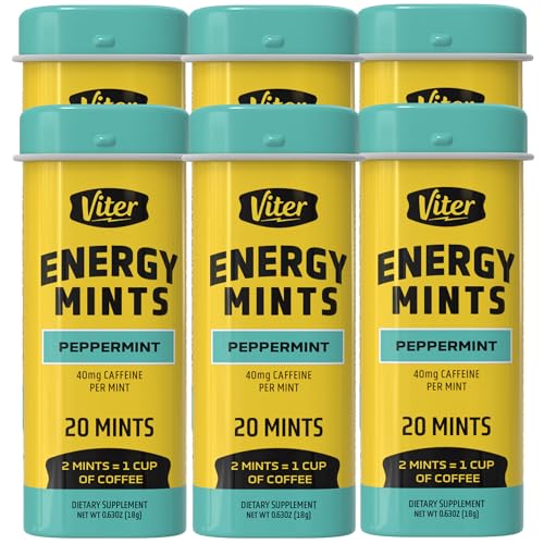 Image of Viter Energy 40mg Caffeine Mints - Sugar Free, B Vitamins, Vegan, Boosts Fast Energized Alert Focus, Caffeinated Nootropic Supplement Pills (Peppermint Flavor, 20pcs, 6 Pack, 120pcs Total)