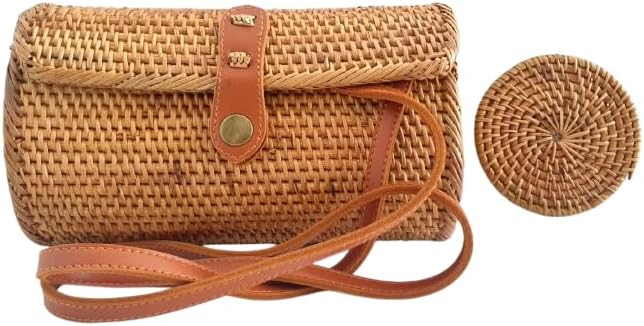 Authentic Handmade Rattan Bali Indonesia Women Beach Hobo Shoulder Bag Purse with Leather Strap and Bonus Rattan Round Drink Natural Coaster