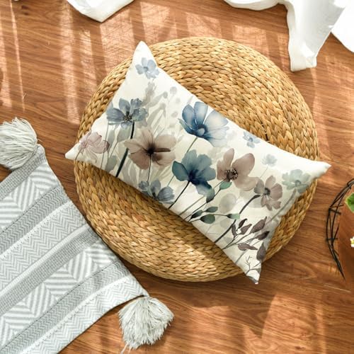AVOIN colorlife Poppy Flowers Chinoiserie Spring Throw Pillow Cover, 12 x 20 Inch Blue Brown Seasonal Leaves Cushion Case Decoration for Sofa Couch Farmhouse