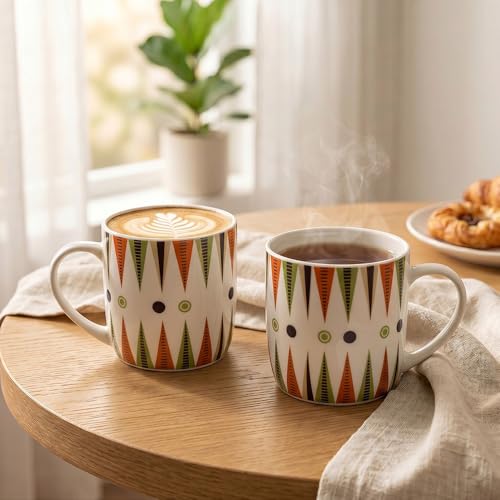Image of UPC Coffee Mug Set of 6 | White Retro Geometric Triangle Print | Orange Olive & Charcoal Boho Pattern | Bone China Tea & Coffee Cups | Microwave Safe | Home & Kitchen