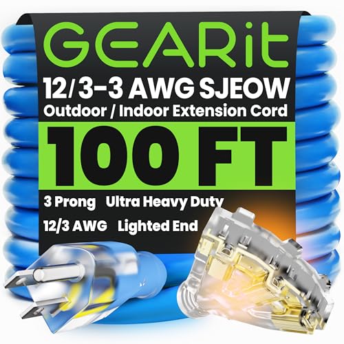 GEARit 100 Ft Extension Cords 12/3 Gauge Outdoor/Indoor Triple Outlet SJEOW 12 AWG 3 Prong Heavy Duty Power Cable 15A 125V 1875W for Lawn, Garden, Appliances Blue