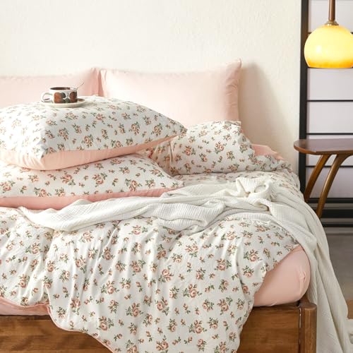 Image of Wake In Cloud - Floral Comforter Set, Coquette Cottagecore Aesthetic Flower Shabby Chic Pattern for Women Teen Girls, Soft Lightweight Bedding, 3 Pieces, Peach Blush, Full Size