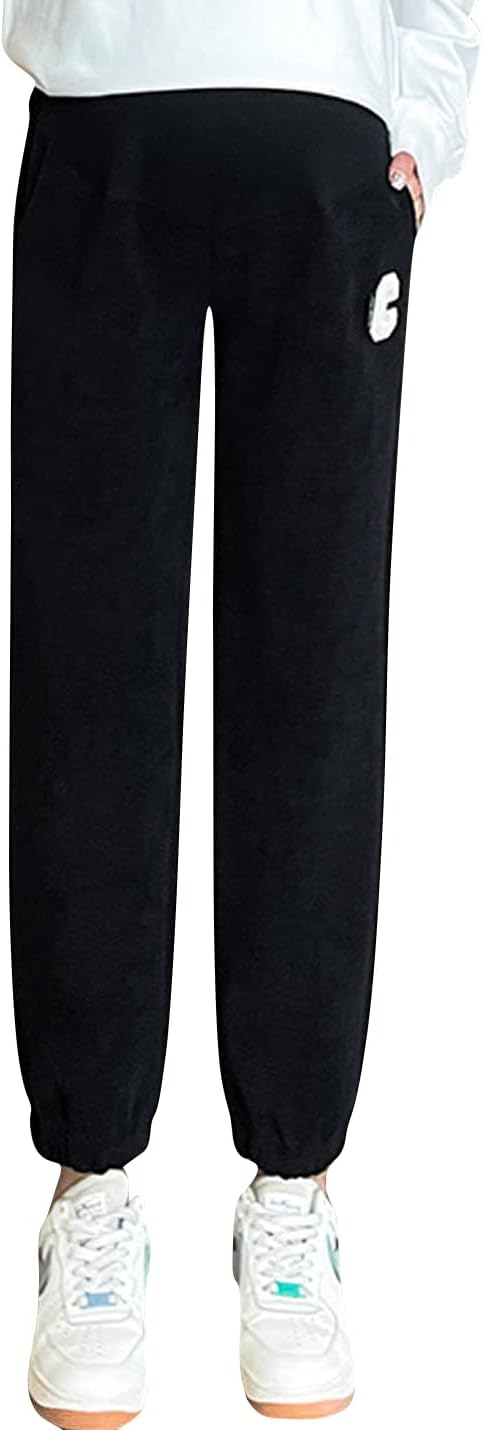 Winter Over Bump Maternity Pants Fleece Joggers Pockets Warm Thermal Sweatpants for Pregnant Women