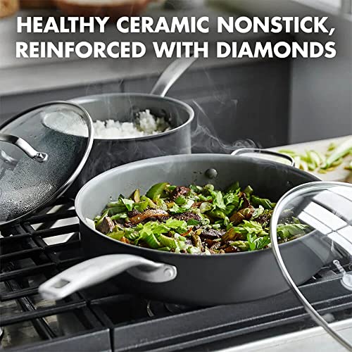 Image of GreenPan Chatham Hard Anodized Healthy Ceramic Nonstick 5 Piece Cookware Pots and Pans Set, Saute, Saucepan, Lids, Stainless Steel Handles, PFAS-Free, Dishwasher Safe, Oven Safe, Gray