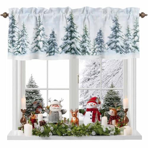 Homechoid Christmas Curtain Valance for Windows/Living Room/Kitchen/Bathroom/Farmhouse, Winter Forest Snowy Pine Tree Short Rod Pocket Tier Curtain Window Treatment Curtains Drape 1 Panel 54x18