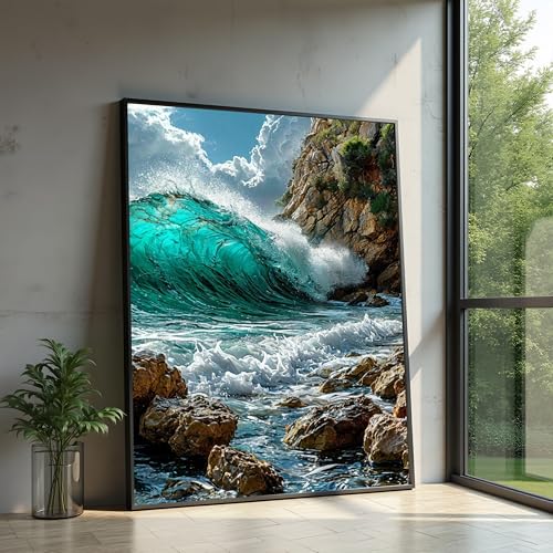 Tableau vague turquoise et rivage rocheux | Évasion marine grand format 60x80