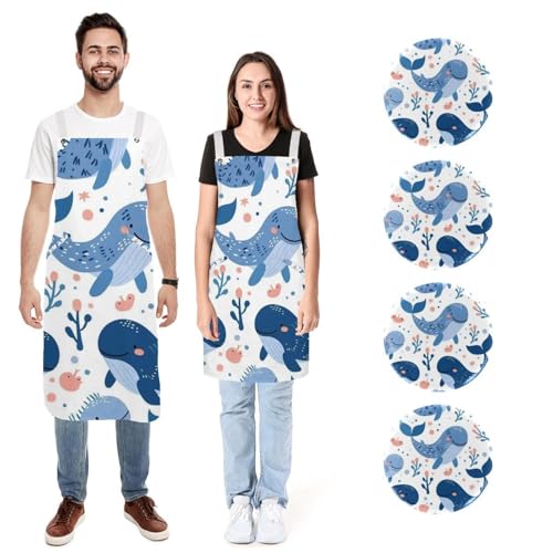 Tabliers de cuisine imperméables à 2 poches motif baleine sirène bleu océan (lot de 2)