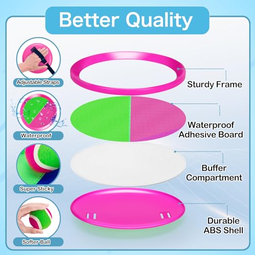 Outdoor Toys for Kids Ages 4-8, Toss Game Set for 3 4 5 6 7 8 -12 Year Old Boys Girls, Outside Catch Ball Toys for Pool, Beach, Yard - Toddlers Birthday Gifts Easter Basket Stuffers(4 Pink Paddles)