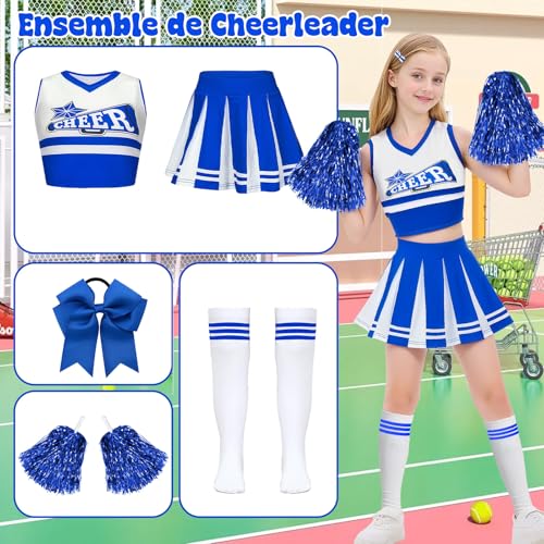 Luckyou Cheerleader Kinder Kostüm Mädchen Cheerleader mit Pompom Socken Karneval Kostüm Kinder für Halloween Sportfest-Blue-170