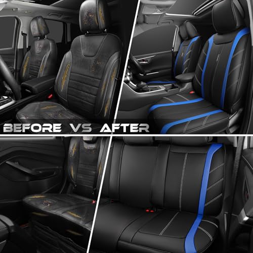 Image of CAR PASS Luxury Faux Leather Seat Covers Full Set, Breathable Sporty Premium Leather Seat Covers, Waterproof Anti Slip Automotive Seat Covers Universal Fit for 95% Trucks SUV Sedans Van,Black and Blue