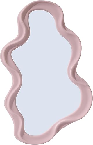 Espejo de pared decorativo pequeño y funky – Diseño ondulado asimétrico rosa, espejo colgante para dormitorio, baño, entrada, forma moderna