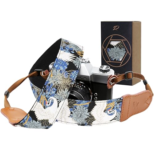 Padwa Lifestyle Blue Crane Camera Strap - 2' Cowhide Leather Head Cotton Camera Straps for Photographers,Vintage Japanese Art Print Adjustable Neck & Shoulder Strap for ALL DSLR/SLR Cameras