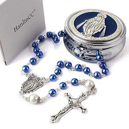 hanlincc 6mm glass pearl beads with 8mm our father beads with caps rosary pack in miraculous metal gift box