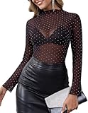 Gleeneat Womens Sparkly Mesh Long Sleeve Tops Black Sheer Lace Undershirts Sparkle Glitter See Through Rhinestone Mock Neck Layering Tee Shirt Country Concert Nashville Party Outfits 2025 Clothes