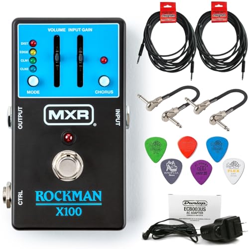 MXR Rockman MX100 Analog Tone Processor - Bundle with 2 Instrument Cables 2 MXR Patch Cables and 6 Dunlop Picks