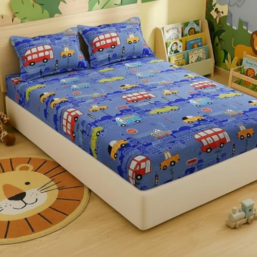 Image of Filymore Kids Double bedsheet Supper car Theme 240 TC Microfiber Soft Cartoon King Size bedcover for Kids Room (90x90 Inches)(Red Blue and White)