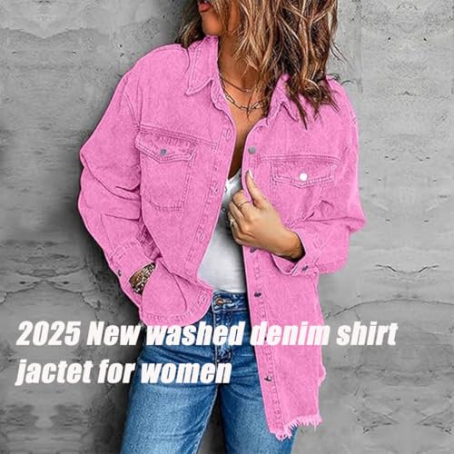 Symtmetry New Washed Denim Shirt Jactet for Women, 2025 Women's Casual Denim Button Down Distressed Jacket Fall Outfits2