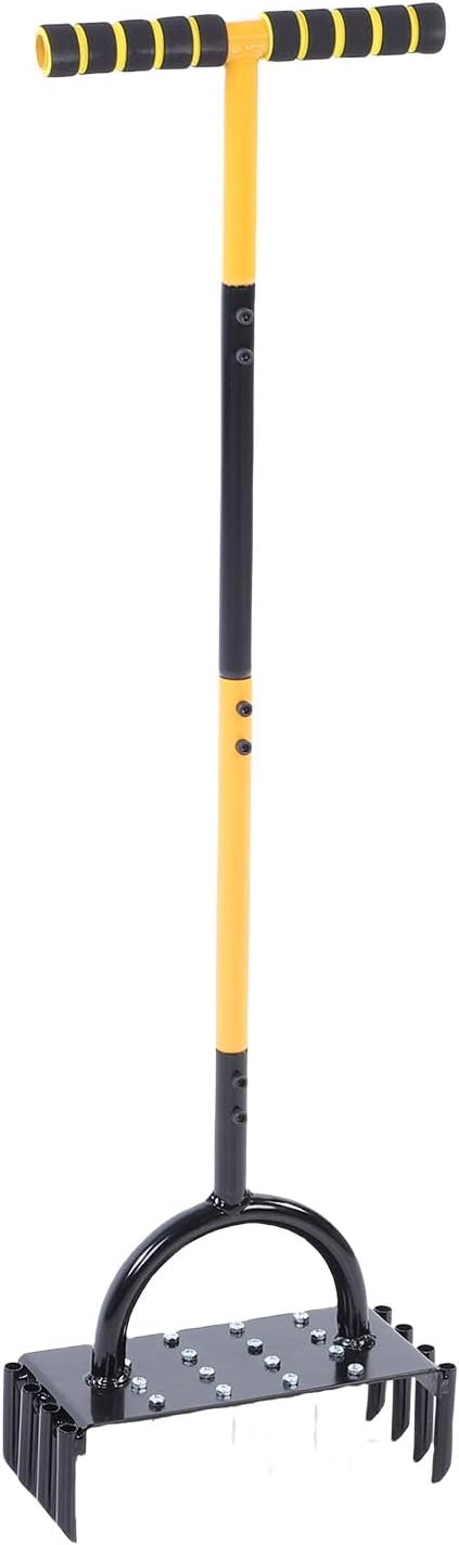 Pssopp Lawn Aerator, Manual Lawn Aerators Steel Manual with T Handle for Garden Yard Grassland Soil, Metal 16 Spikes 8 Cores Carbon Soil Aerating Tool Nan