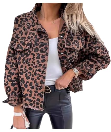 xxxiticat Women's Leopard Print Denim Jacket Long Sleeve Animal Printed Raw Hem Button Down Cropped Jean Coat Outerwear
