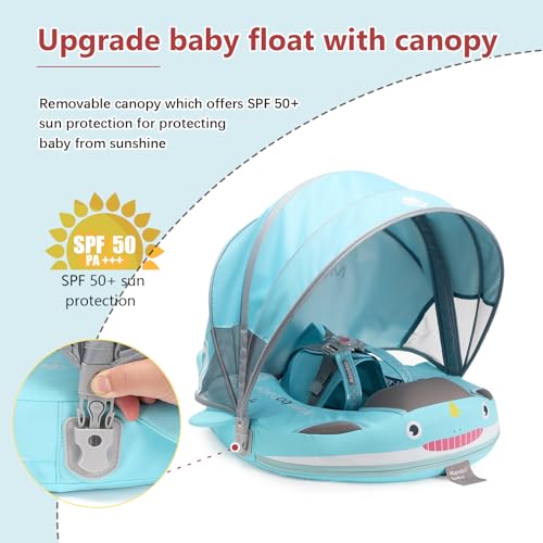 Image of Baby Float with Canopy Non Inflatable Mambobaby Float Pool Floats, Sun Protection Baby Swimming Float Add Tail Avoid Flip Over Swim Trainer for Infants (Narwhal Green-G02NGCTLULNMA01G02)