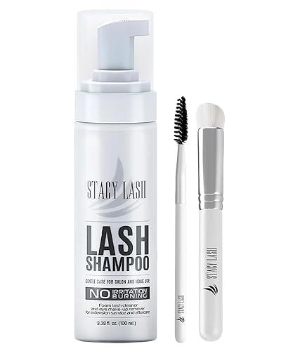 STACY LASH Champú para extensiones de pestañas + cepillo, 3.38 onzas líquidas, limpiador espumoso de párpados, lavado para extensiones y pestañas