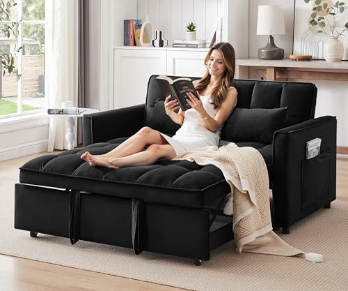 howcool 3 in 1 Convertible Sleeper Sofa Bed, Futon Couches for Living Room with Side Pocket | Adjustable Backrest | Velvet Fabric | Pull Out Couch | Loveseat | Sectional Sofa Bed, Black